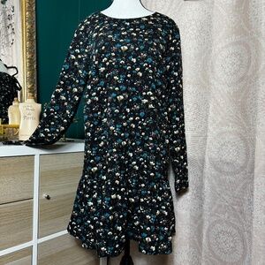 Philosophy Black Floral Print Long Sleeve Flared Hem Mini Dress Size Large